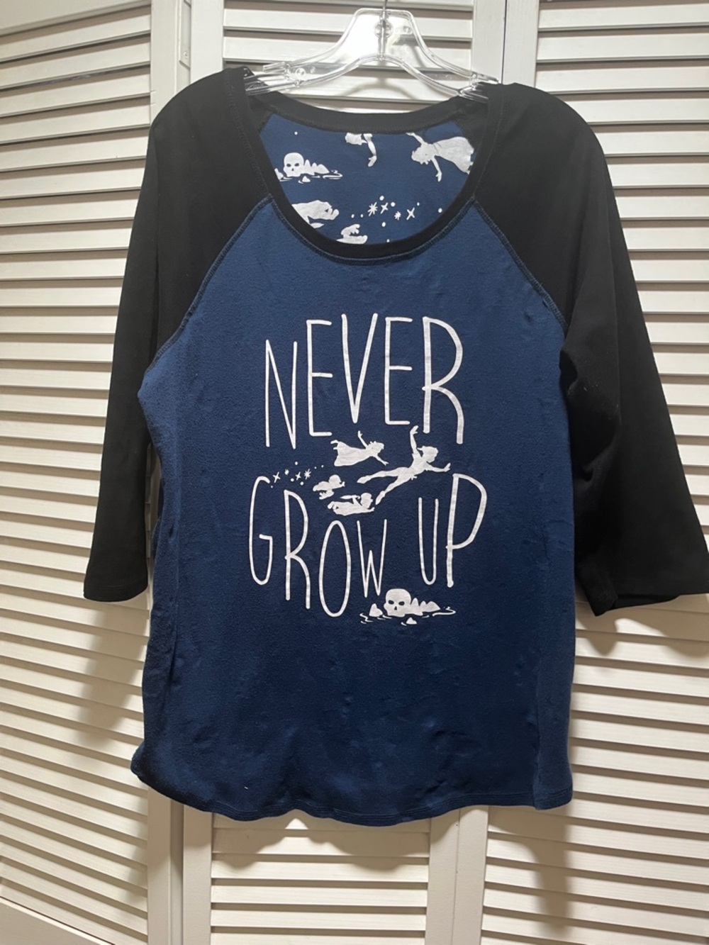 Disney Women's reversible Navy Blue and Black 'Never Grow Up' Raglan Shirt